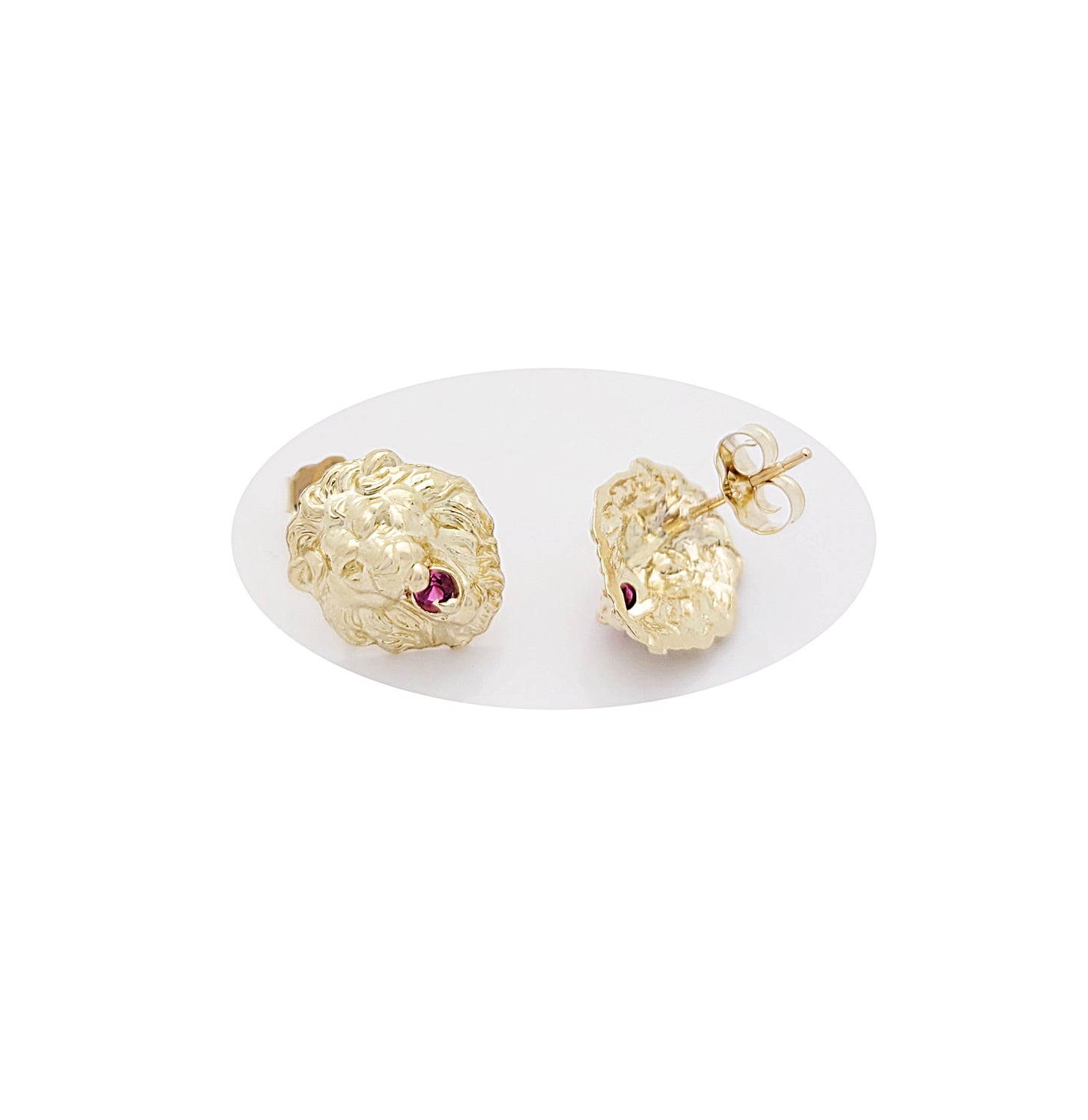 10K Yellow Gold Lion Head Earrings 0.45 inch With Red Stone CZ