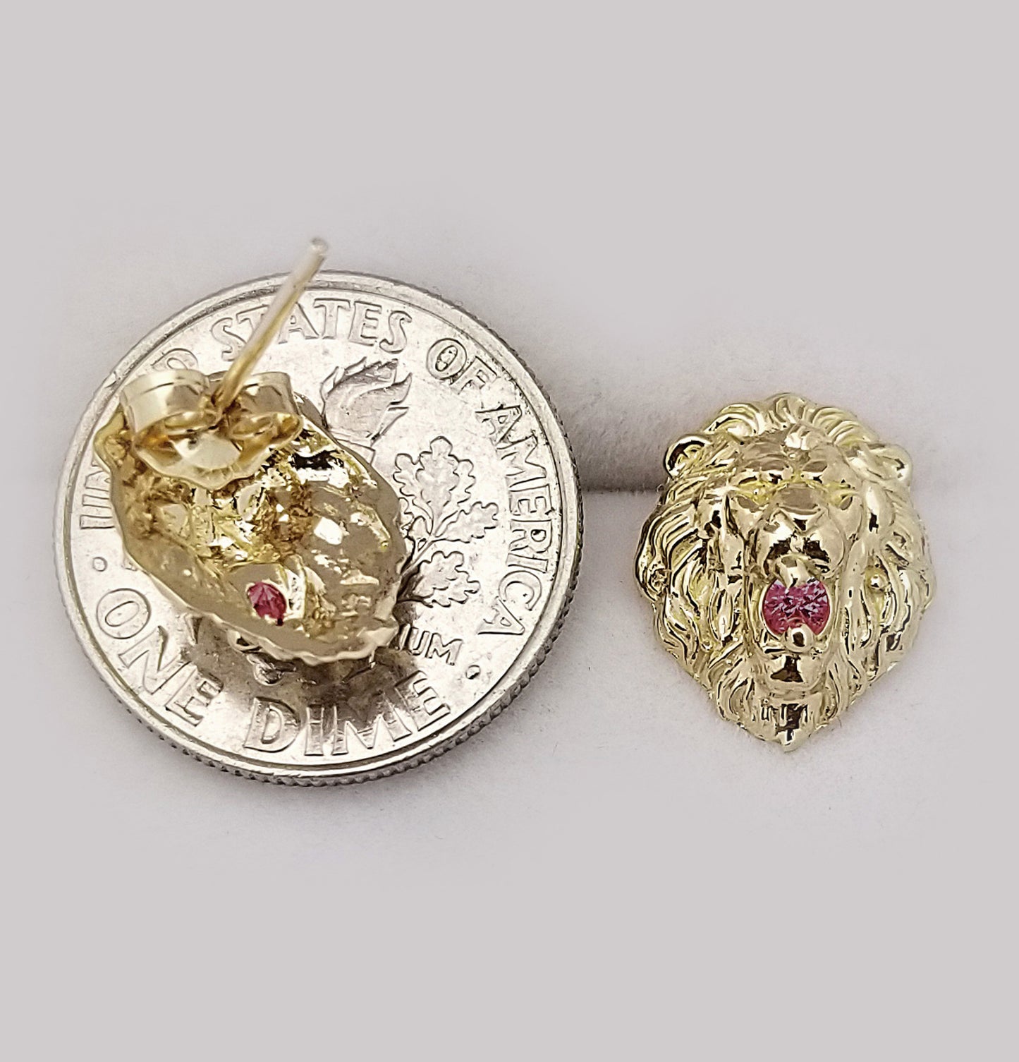 10K Yellow Gold Lion Head Earrings 0.45 inch With Red Stone CZ