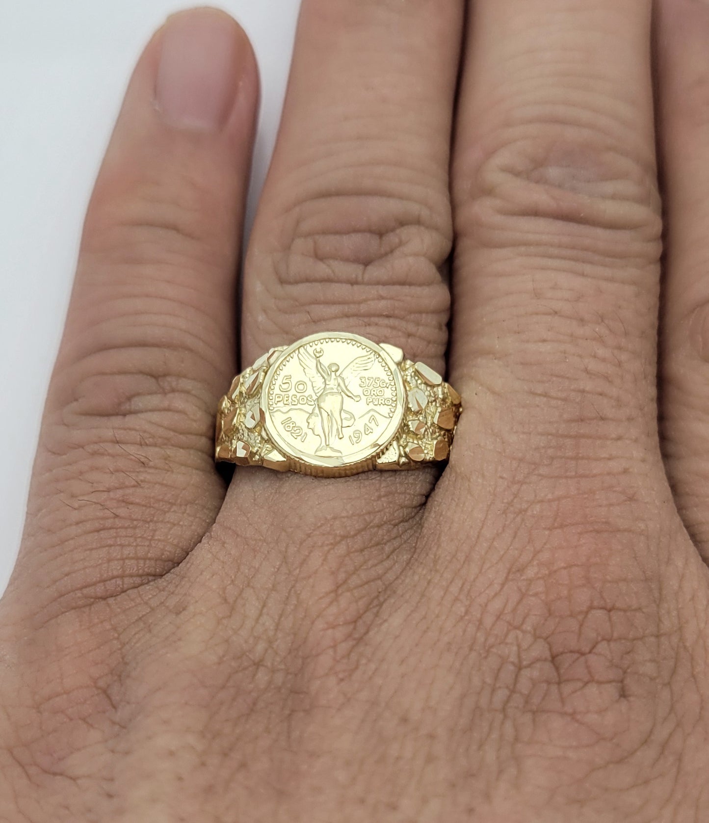 10K Yellow Gold 50 Pesos 1821 Coin Design Ring a Product cast with a coin design Thin Nugget RIng 2.5 g