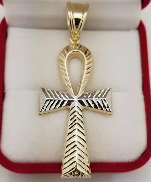 10k Yellow Gold Egyptian Ankh Cross Gold Pendant 2.25 inch