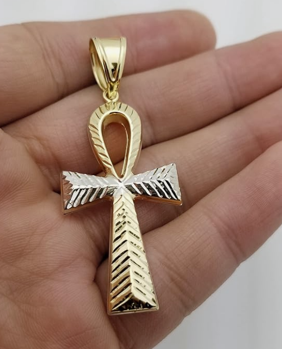 10k Yellow Gold Egyptian Ankh Cross Gold Pendant 2.25 inch