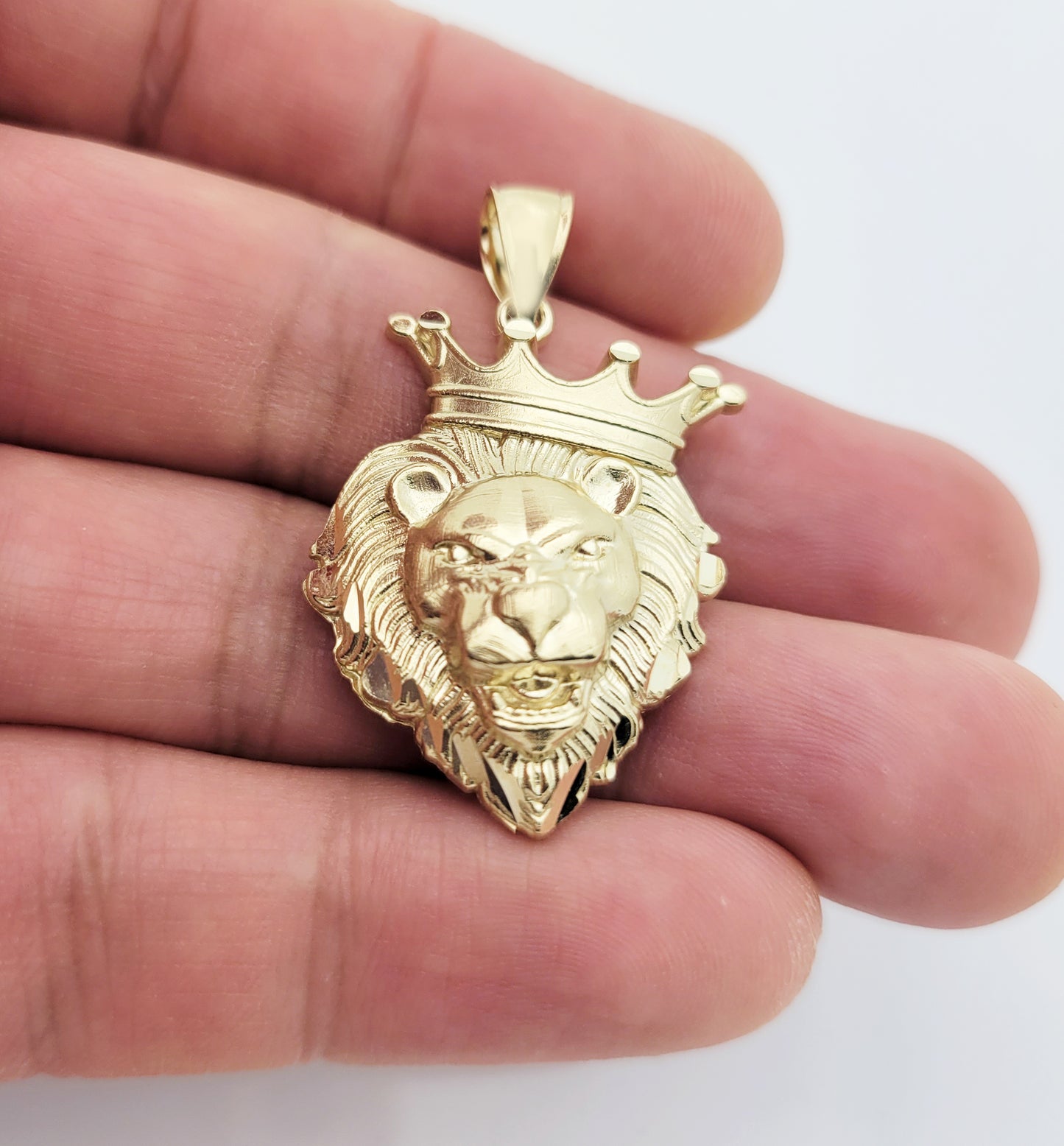 10K Yellow Gold Crown Lion Face Charm Pendant Lion Head Crown 1.5 inch