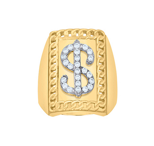 Men's 10k Yellow Gold Dollar Sign Ring $ Ring Cuban Link Rim