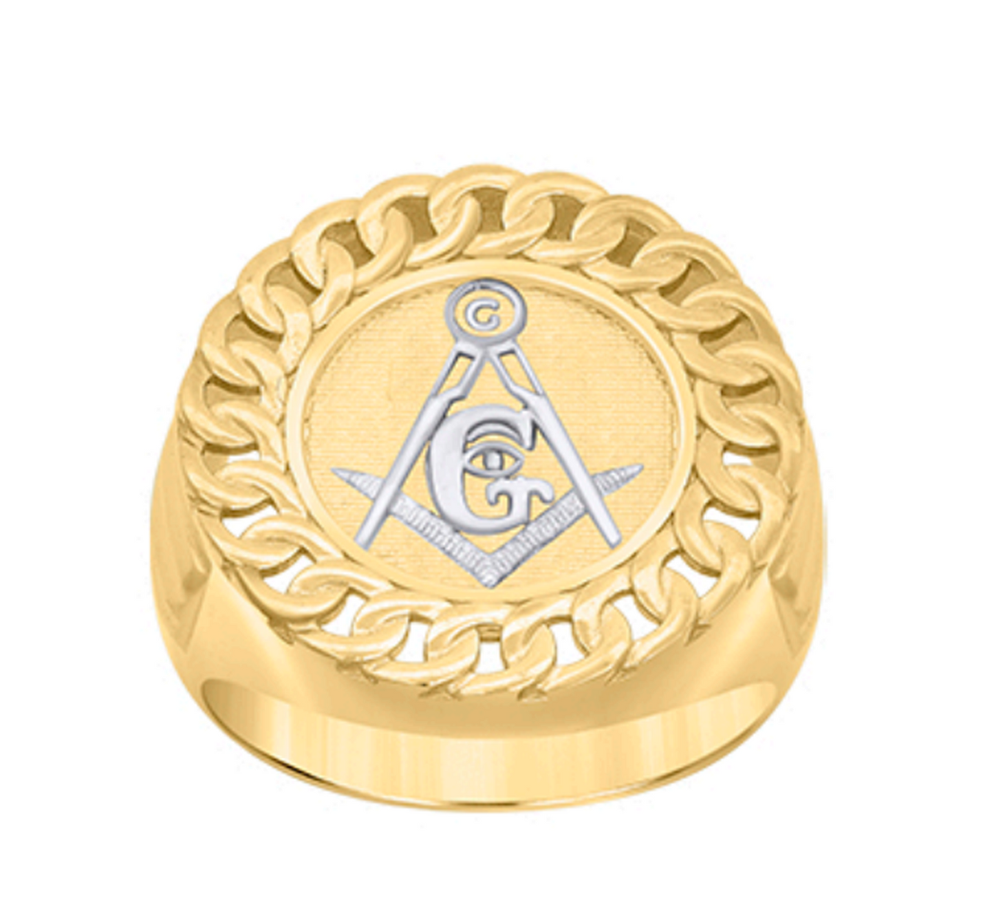 Men's 10K Yellow Gold Masonic Ring Freemason Ring Cuban Link Rim Round Masonic