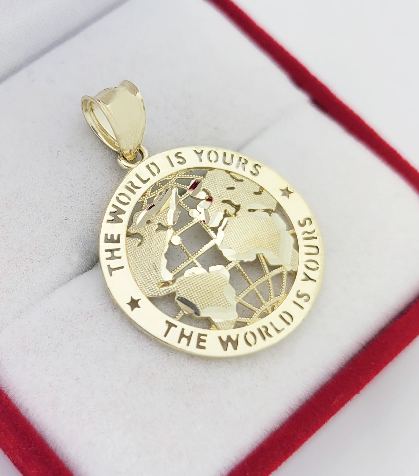 10K Yellow Gold World Map Pendant Globe Charm 1.2 inch