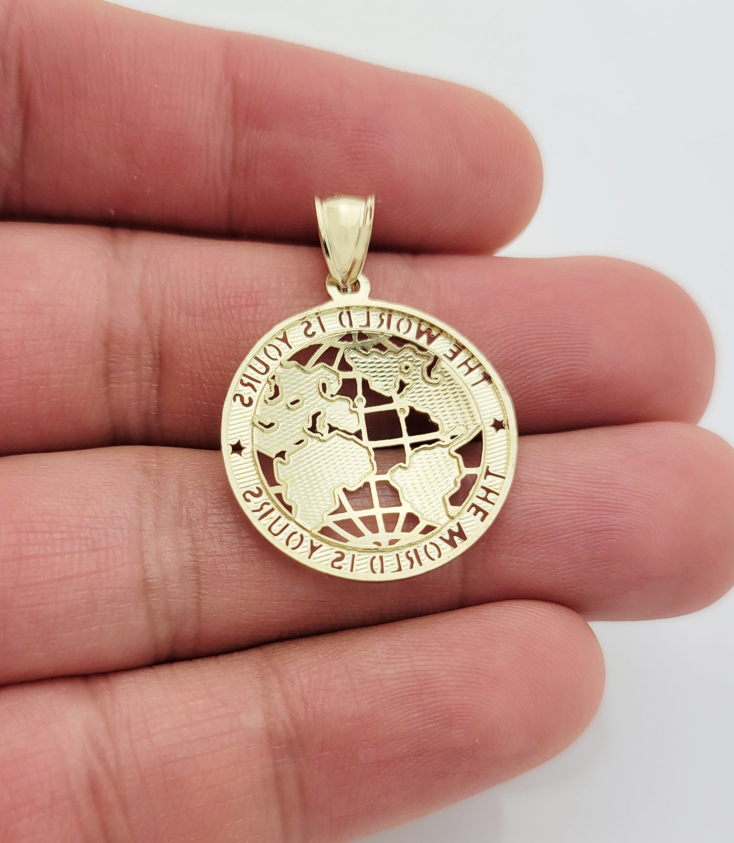 10K Yellow Gold World Map Pendant Globe Charm 1.2 inch