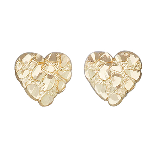 10K Yellow Gold Diamond Cut Nugget Heart Earrings Large