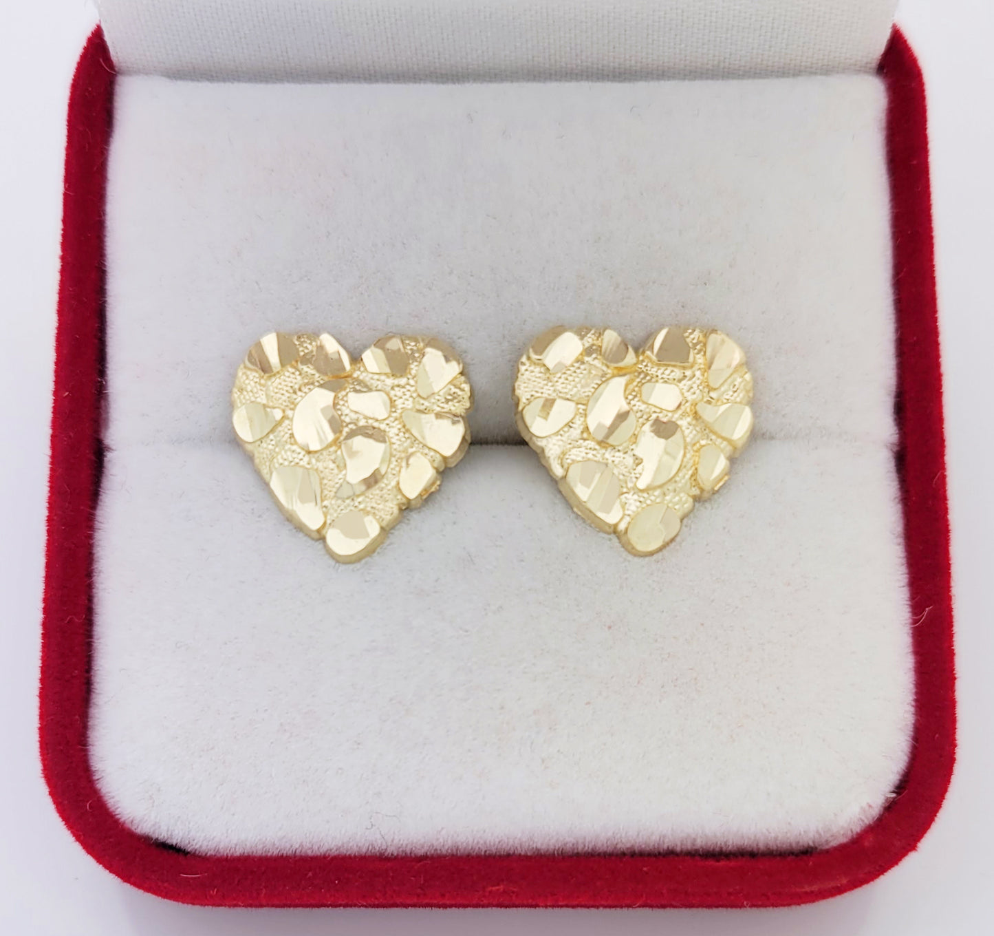 10K Yellow Gold Diamond Cut Nugget Heart Earrings Large