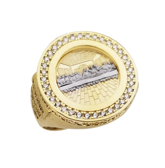 10K Yellow Gold Last Supper Ring For Men CZ Stone