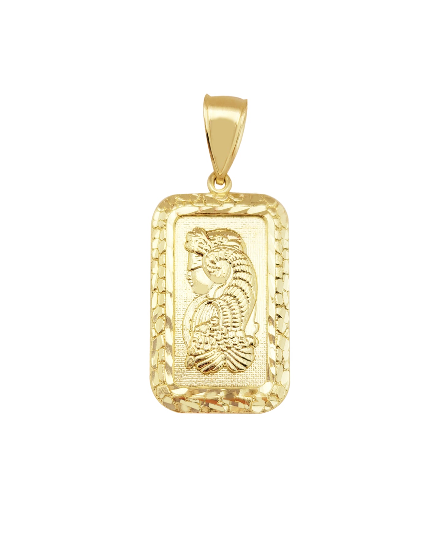 10k Yellow Gold Lady Fortuna Bar Pendant Nugget Cut Frame Lady Fortuna Bar 1 inch