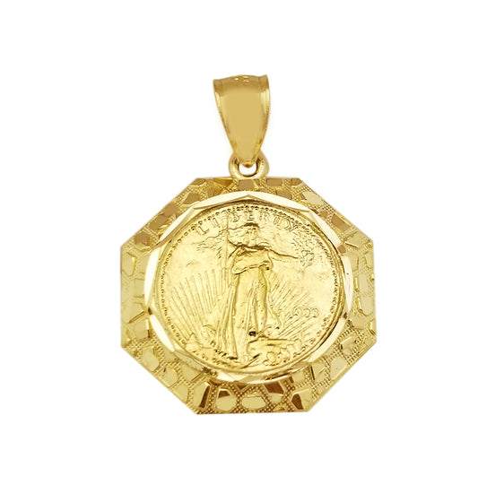 10K Yellow Gold Walking Liberty Coin and Nugget Bezel Pendant Octagone