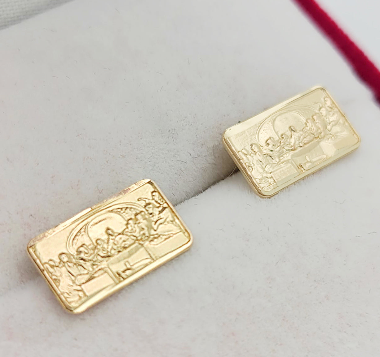 Gold Last Supper Earrings 10K Yellow Gold Rectangle Last Supper Earrings 0.4 in x 0.25 in