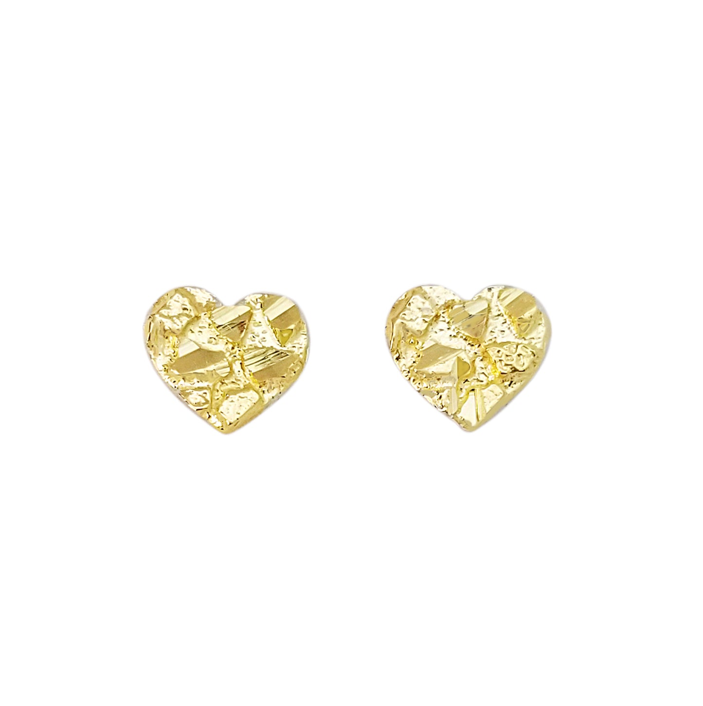 10K Yellow Gold Diamond Cut Nugget Heart Earrings Small 7.5 mm x 7 mm