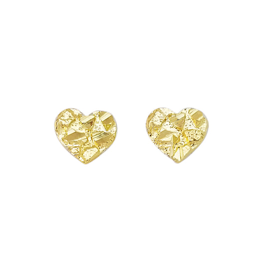 10K Yellow Gold Diamond Cut Nugget Heart Earrings Small 7.5 mm x 7 mm