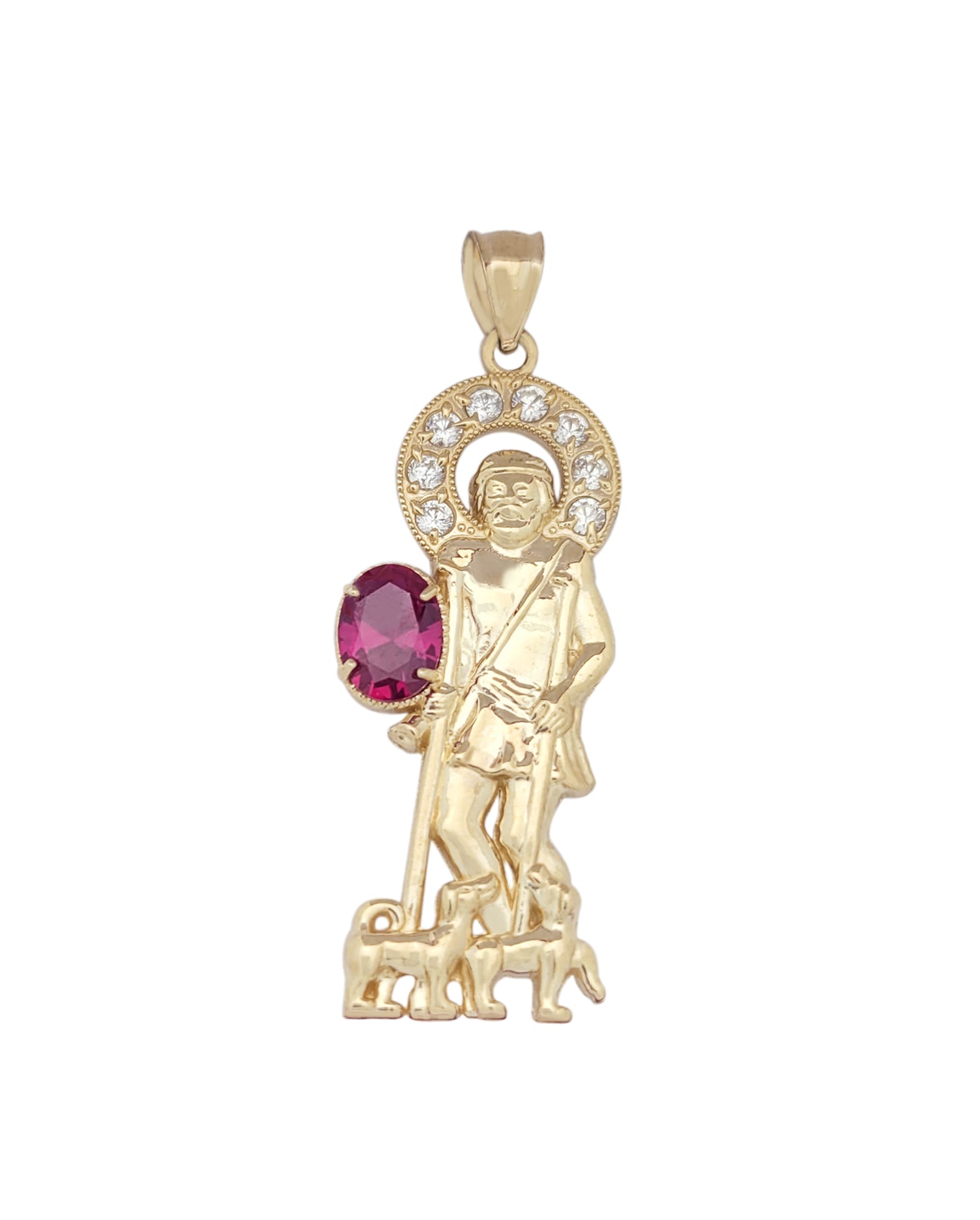 10K Yellow Gold Saint Lazarus Pendant Charm Patron Pendant Lazarus With Red Stone