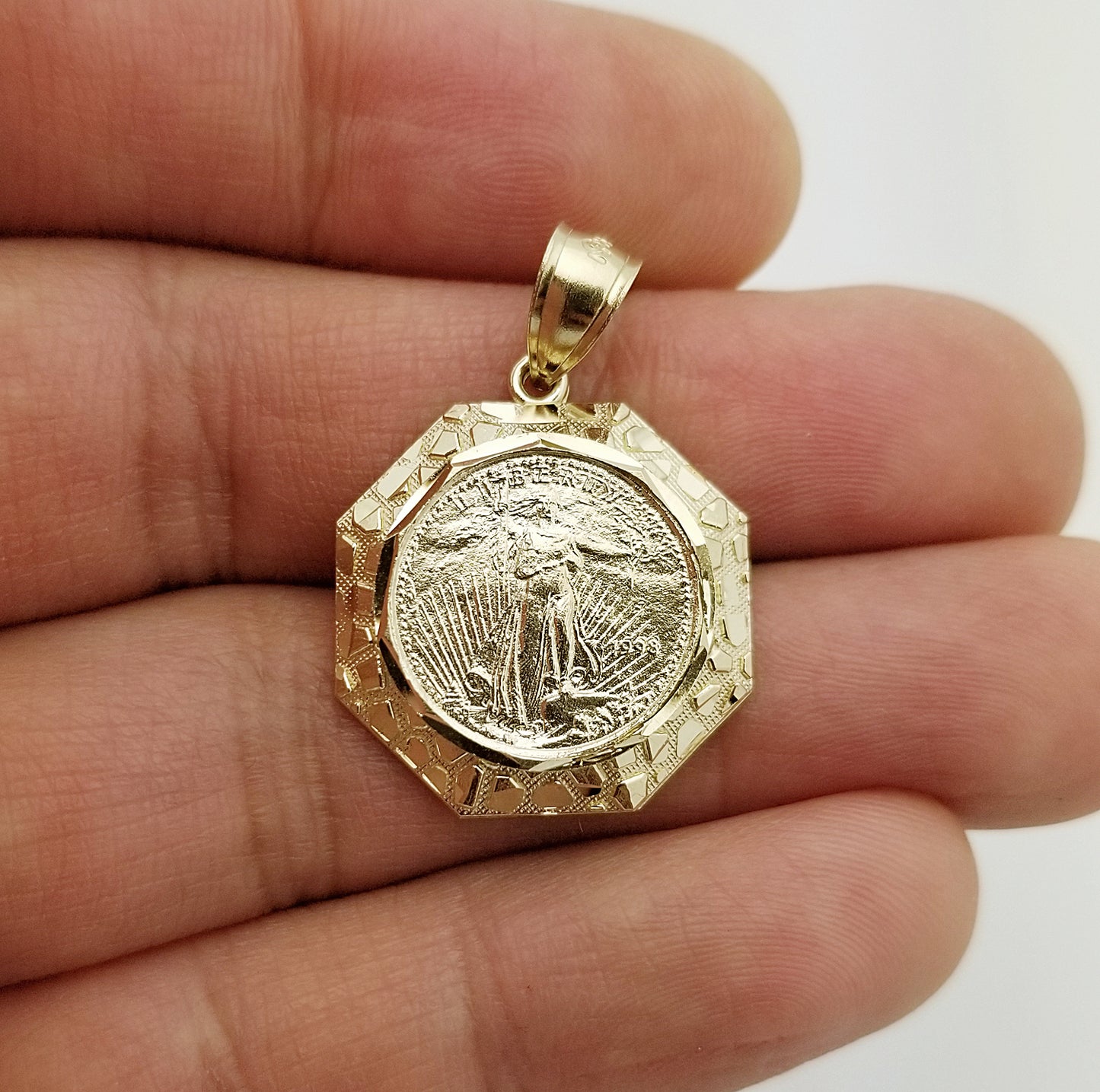 10K Yellow Gold Walking Liberty Coin and Nugget Bezel Pendant Octagone