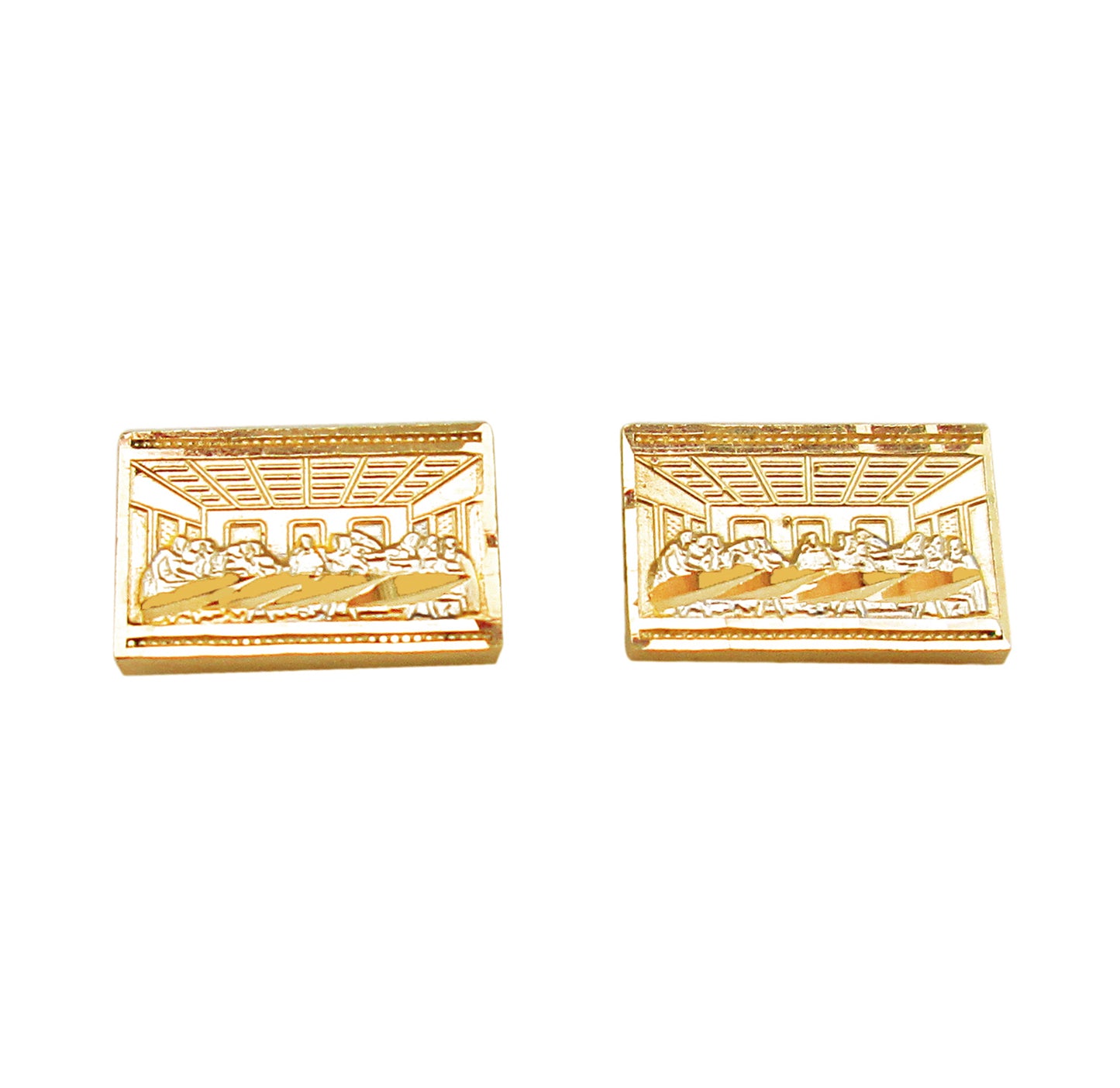 Men's Gold Last Supper Earrings 10K Yellow Gold Rectangle Last Supper Earrings