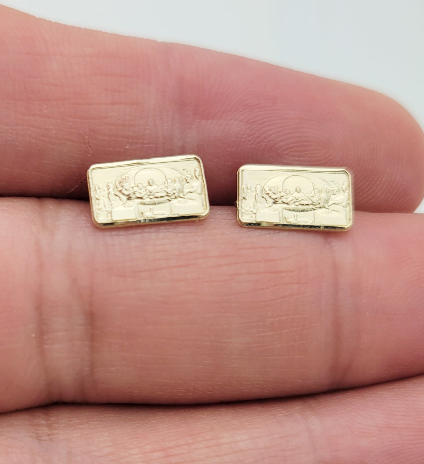 Gold Last Supper Earrings 10K Yellow Gold Rectangle Last Supper Earrings 0.4 in x 0.25 in