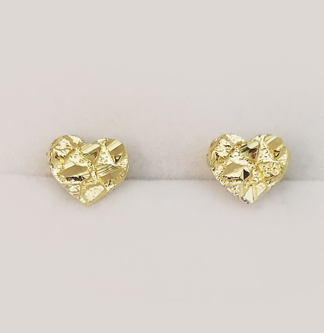 10K Yellow Gold Diamond Cut Nugget Heart Earrings Small 7.5 mm x 7 mm