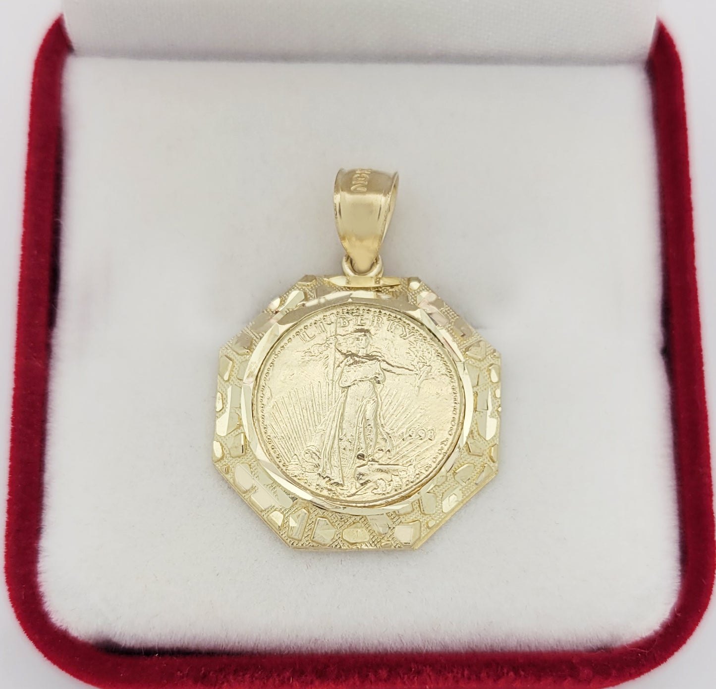 10K Yellow Gold Walking Liberty Coin and Nugget Bezel Pendant Octagone