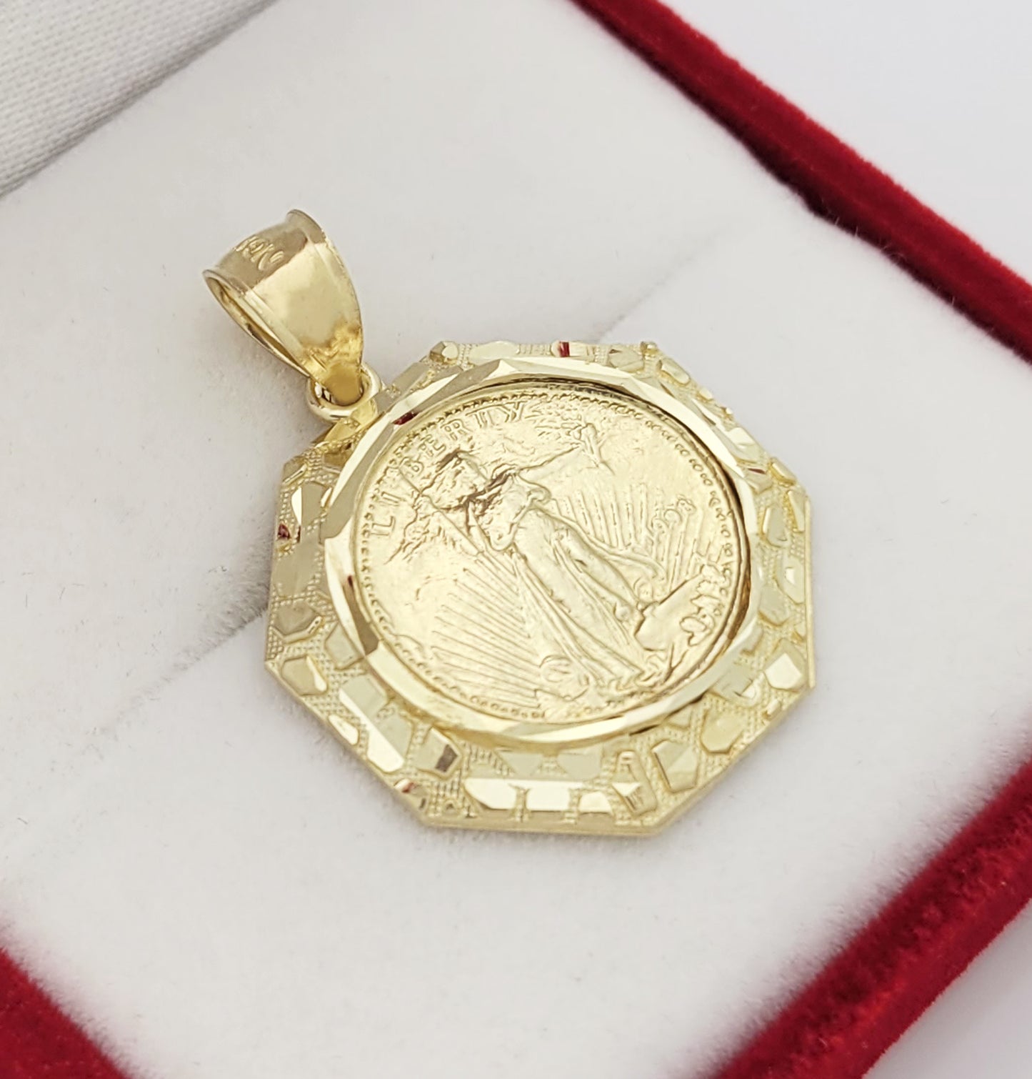 10K Yellow Gold Walking Liberty Coin and Nugget Bezel Pendant Octagone