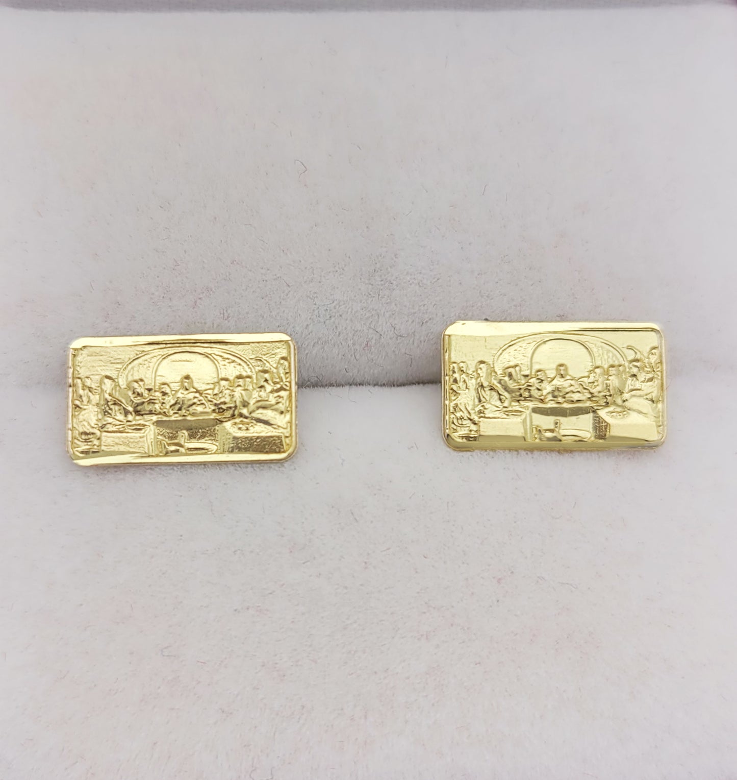 Gold Last Supper Earrings 10K Yellow Gold Rectangle Last Supper Earrings 0.4 in x 0.25 in