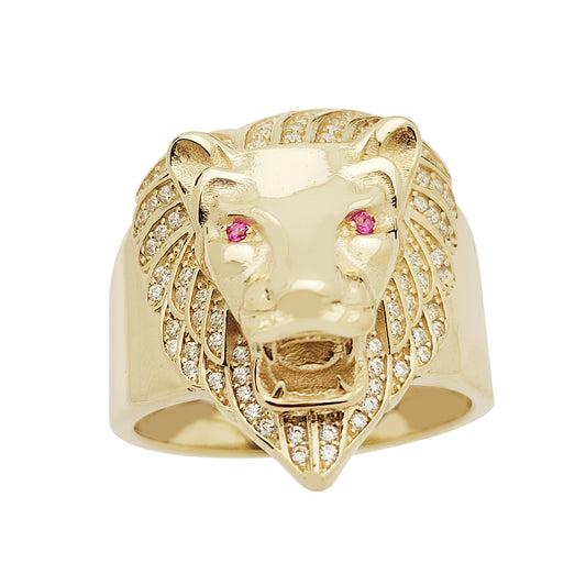 Men's Lion Head Ring 10K Yellow Gold Lion Face Ring Size 10.5