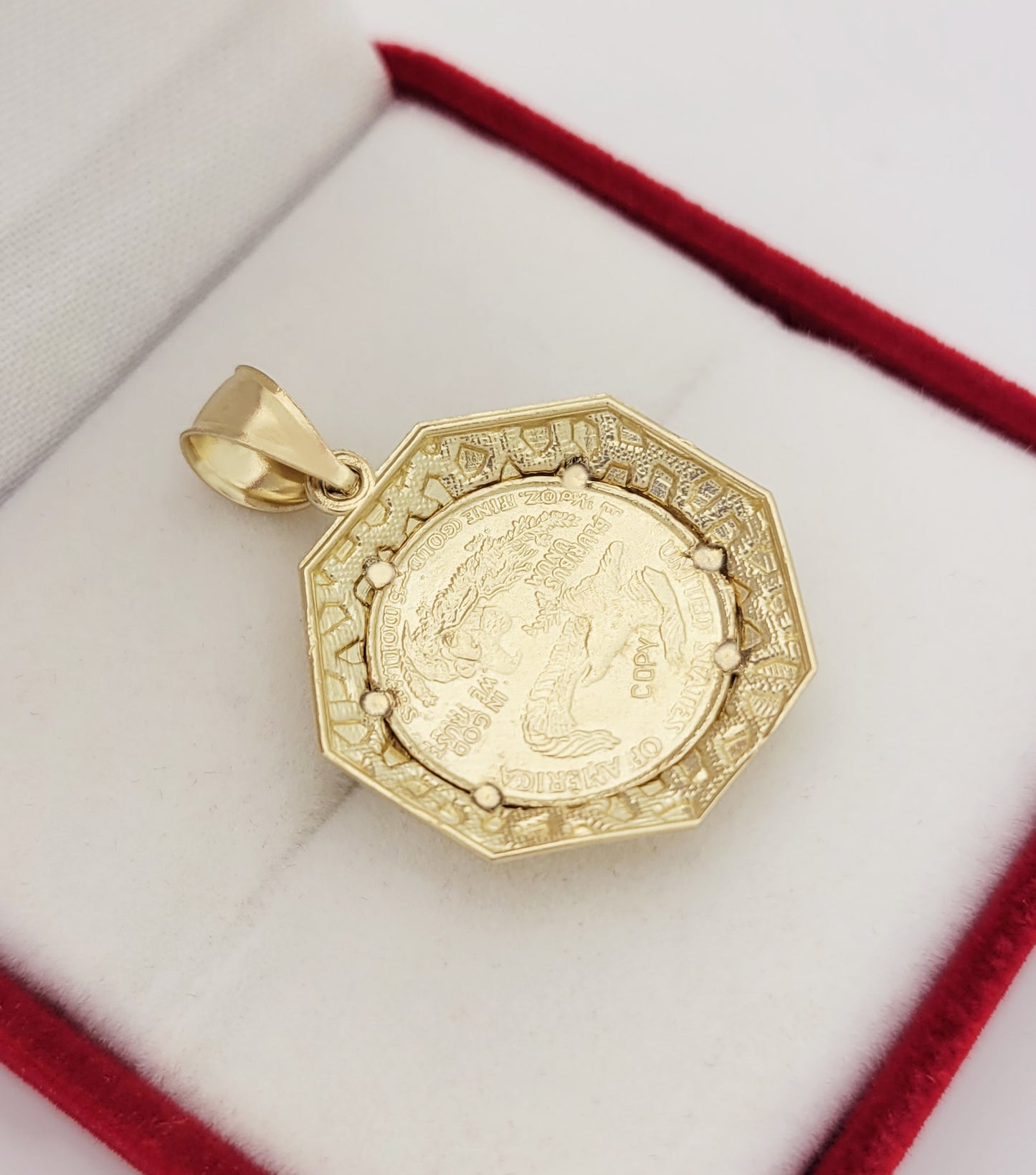 10K Yellow Gold Walking Liberty Coin and Nugget Bezel Pendant Octagone