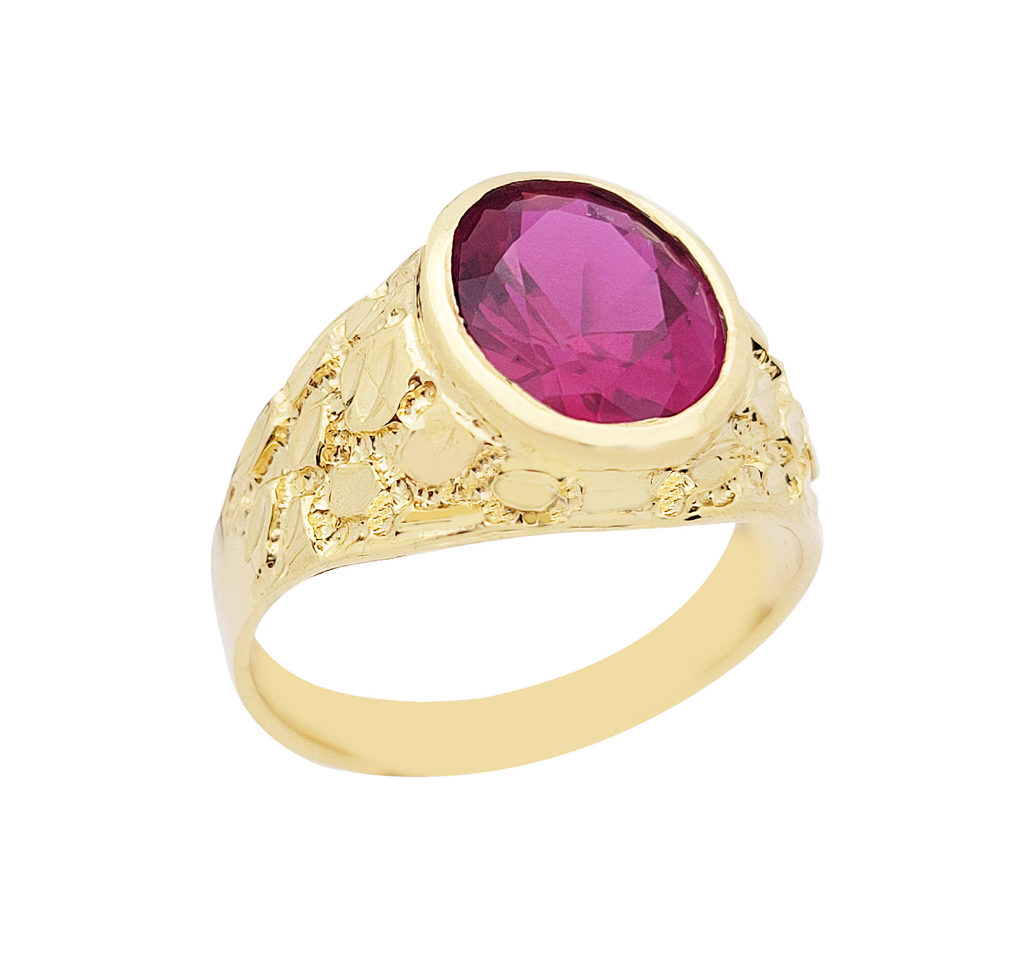 10K Yellow Gold Mens Oval Red CZ Nugget Gold Ring