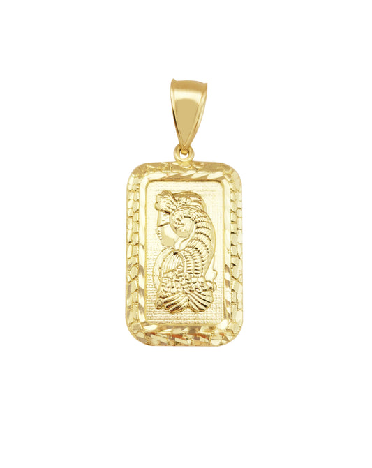 10k Yellow Gold Lady Fortuna Necklace Pendant Nugget Cut Frame Lady Fortuna Bar 1.25 inch