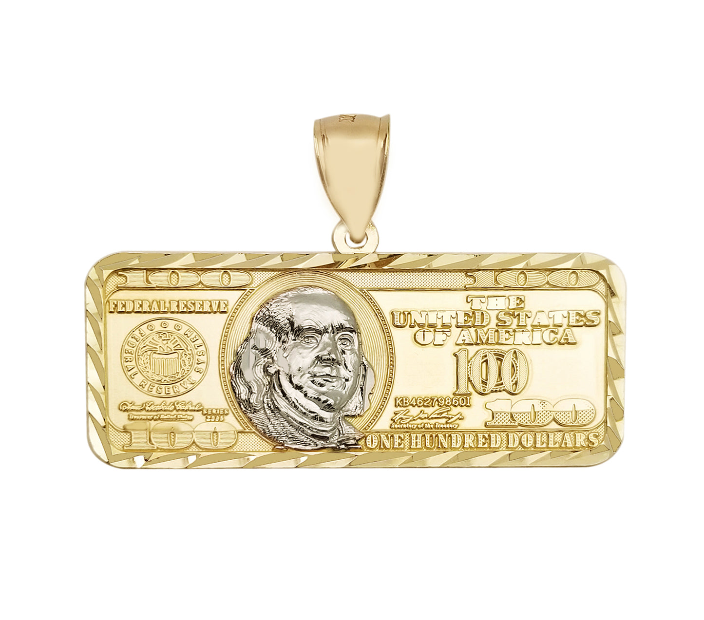 Mens 10K Yellow Gold Hundred Dollar Bill Pendant Benjamin Franklin