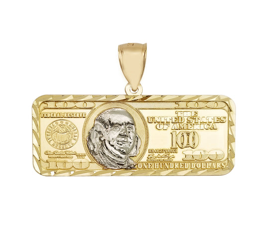 Mens 10K Yellow Gold Hundred Dollar Bill Pendant Benjamin Franklin