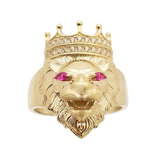 Men's Lion Head Ring 10K Yellow Gold Crown Lion Face Ring 1.0 in x 0.55 in