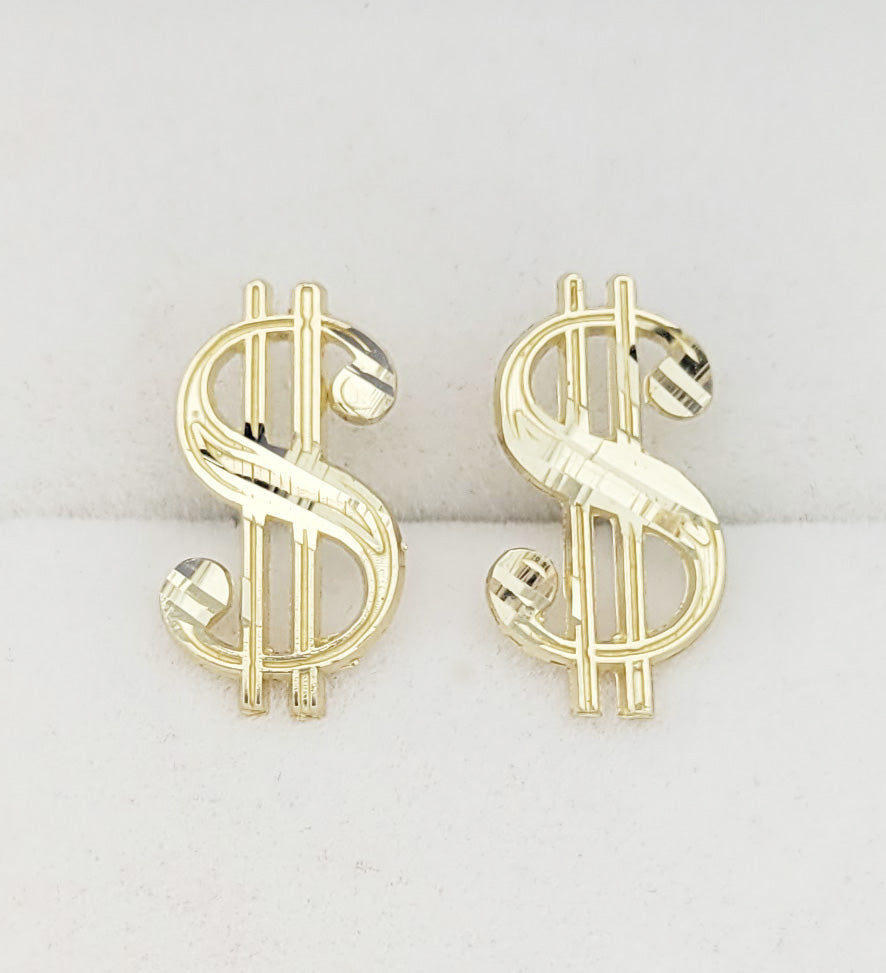 Mens 10K Yellow Gold Dollar Sign Earrings Money Symbol Earrings 15 mm x 8 mm