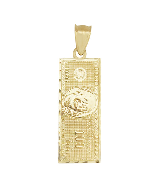 10K Yellow Gold Hundred Dollar Bill Pendant Benjamin Franklin Bill Charm