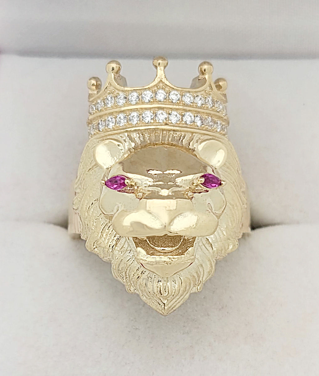 Men's Lion Head Ring 10K Yellow Gold Crown Lion Face Ring 1.0 in x 0.55 in