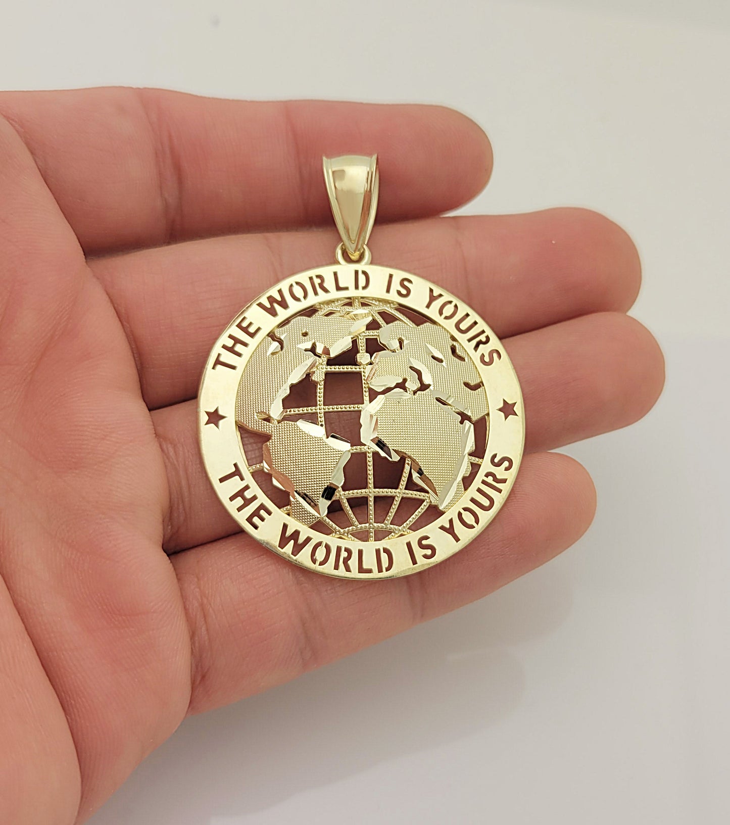 10K Yellow Gold World Map Pendant Globe Charm 2.1 inch