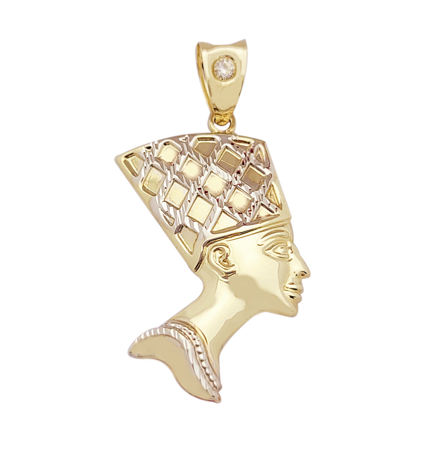 10K Yellow Gold Nefertiti Necklace Pendant Egyptian Queen Charm 1.3 in x 0.75 in