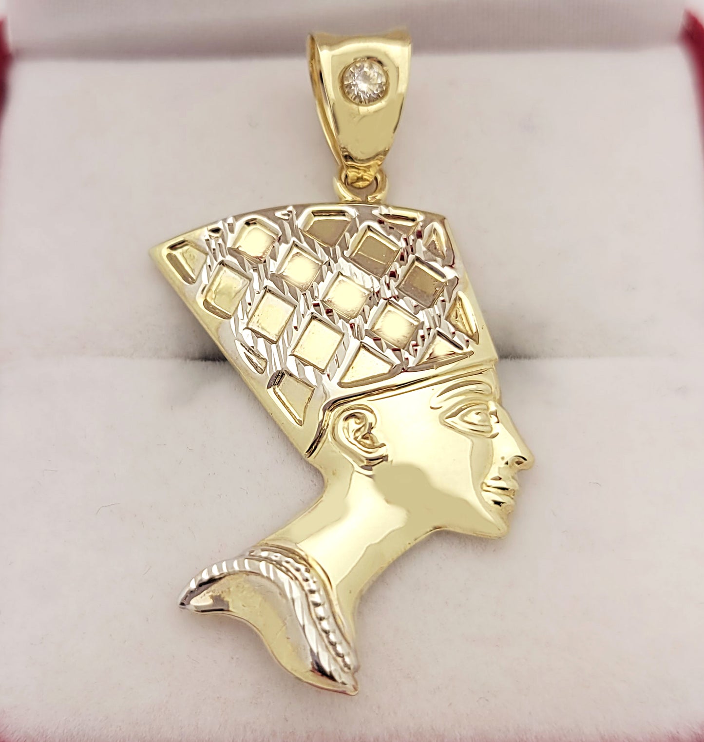 10K Yellow Gold Nefertiti Necklace Pendant Egyptian Queen Charm 1.3 in x 0.75 in