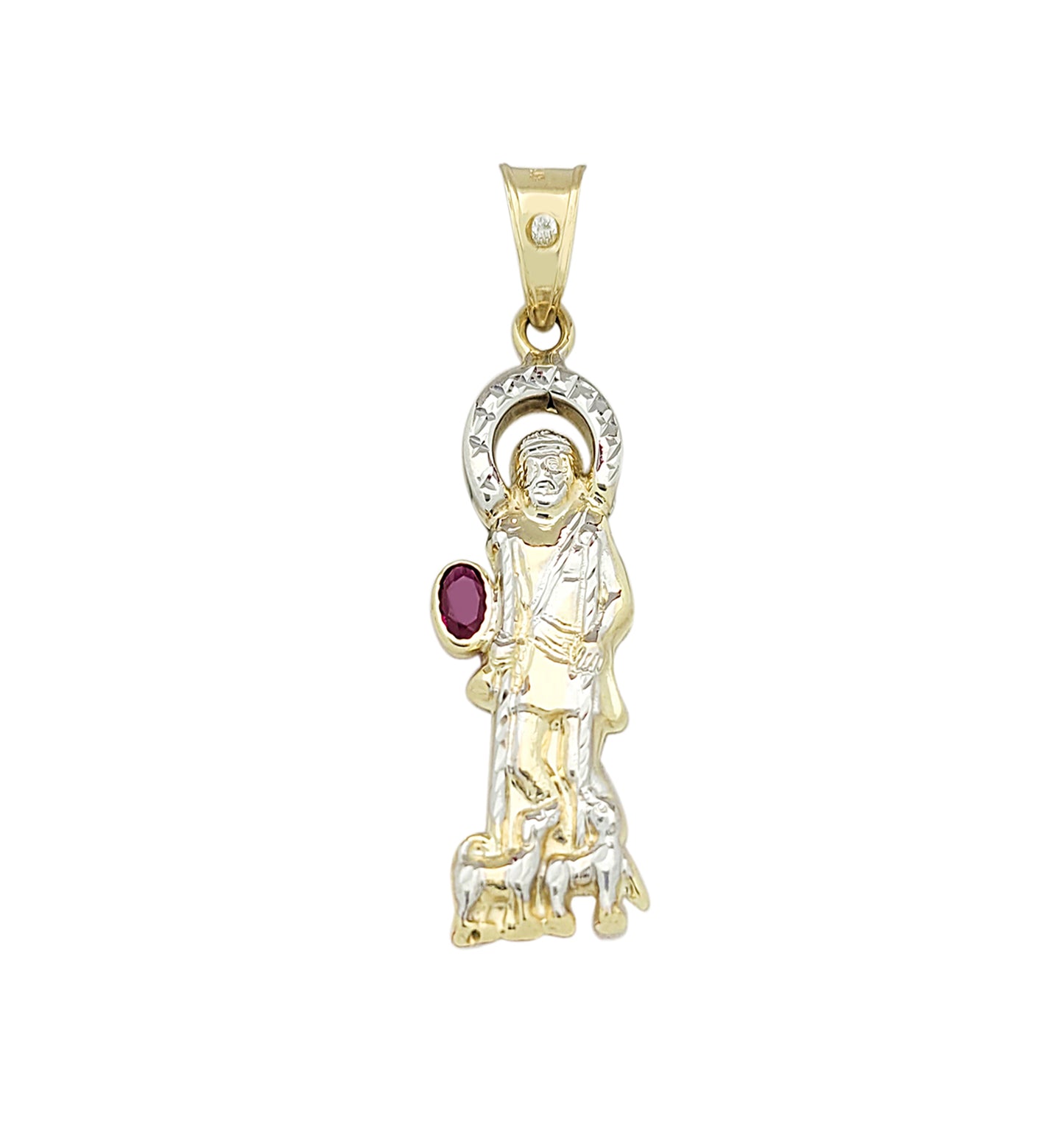 10K Yellow Gold Saint Lazarus Pendant Charm Patron Pendant Lazarus Closed Back With Red Stone