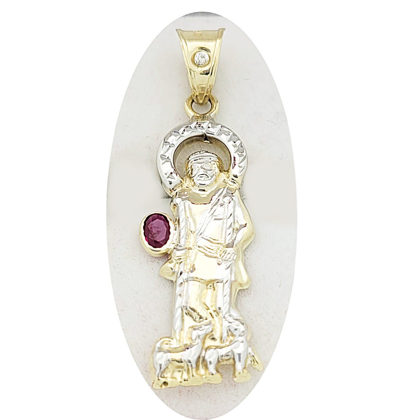 10K Yellow Gold Saint Lazarus Pendant Charm Patron Pendant Lazarus Closed Back With Red Stone