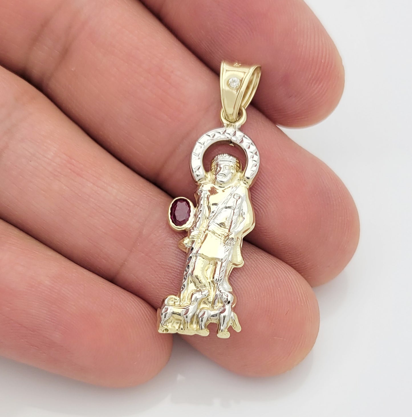 10K Yellow Gold Saint Lazarus Pendant Charm Patron Pendant Lazarus Closed Back With Red Stone