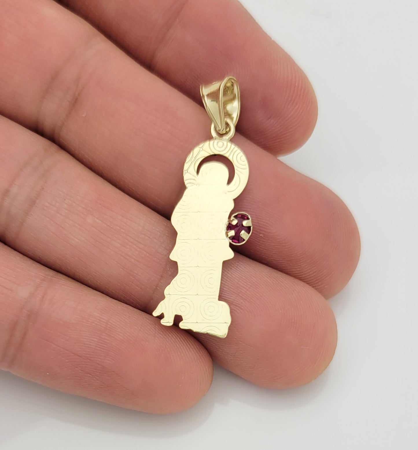 10K Yellow Gold Saint Lazarus Pendant Charm Patron Pendant Lazarus Closed Back With Red Stone