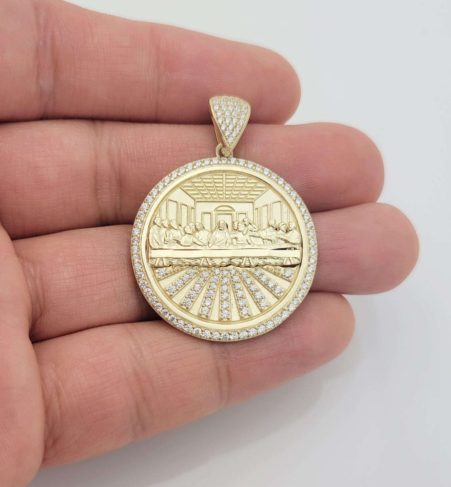 10K Yellow Gold Last Supper Pendant With CZ Stone Last Supper Medallion