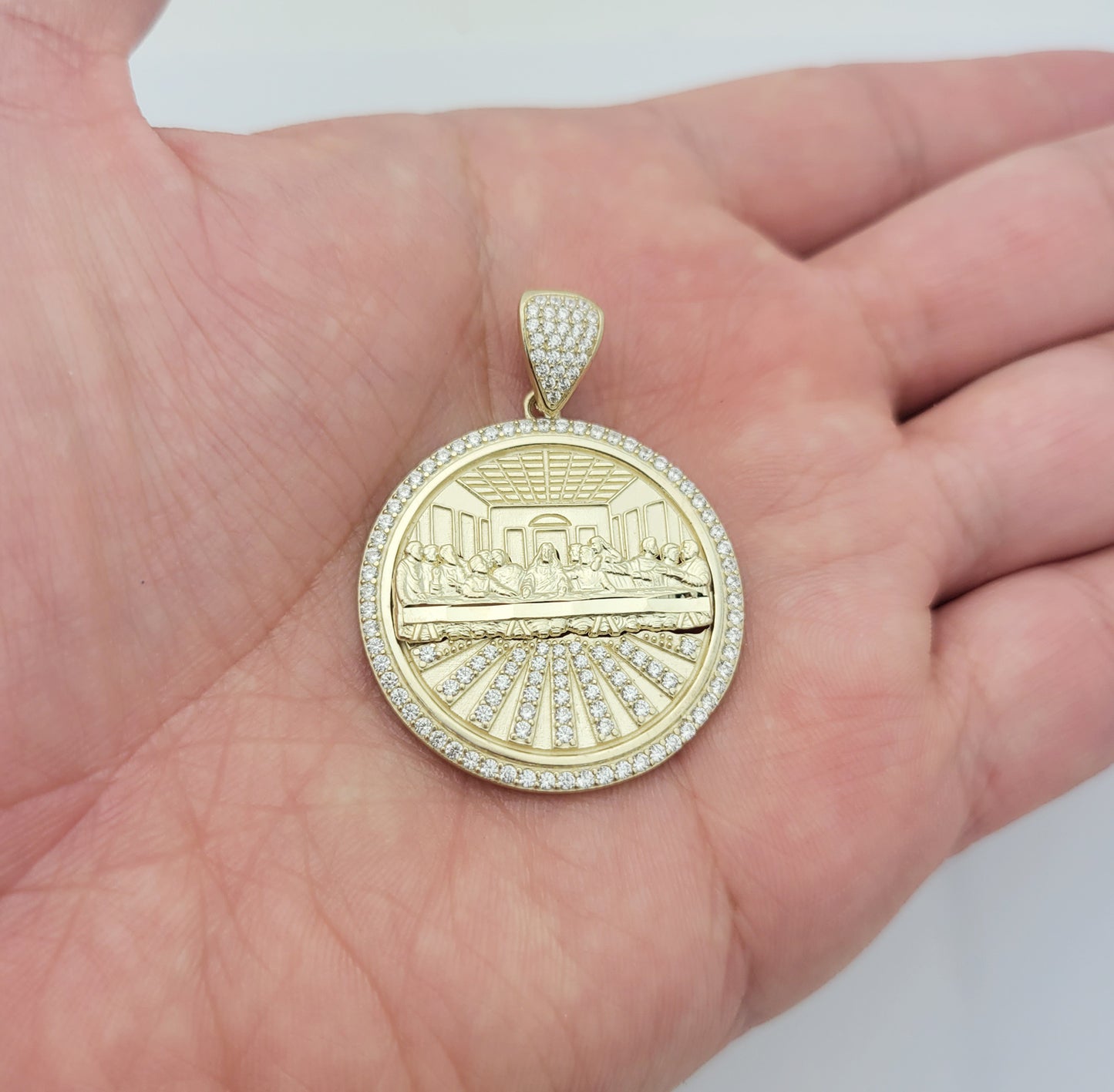 10K Yellow Gold Last Supper Pendant With CZ Stone Last Supper Medallion