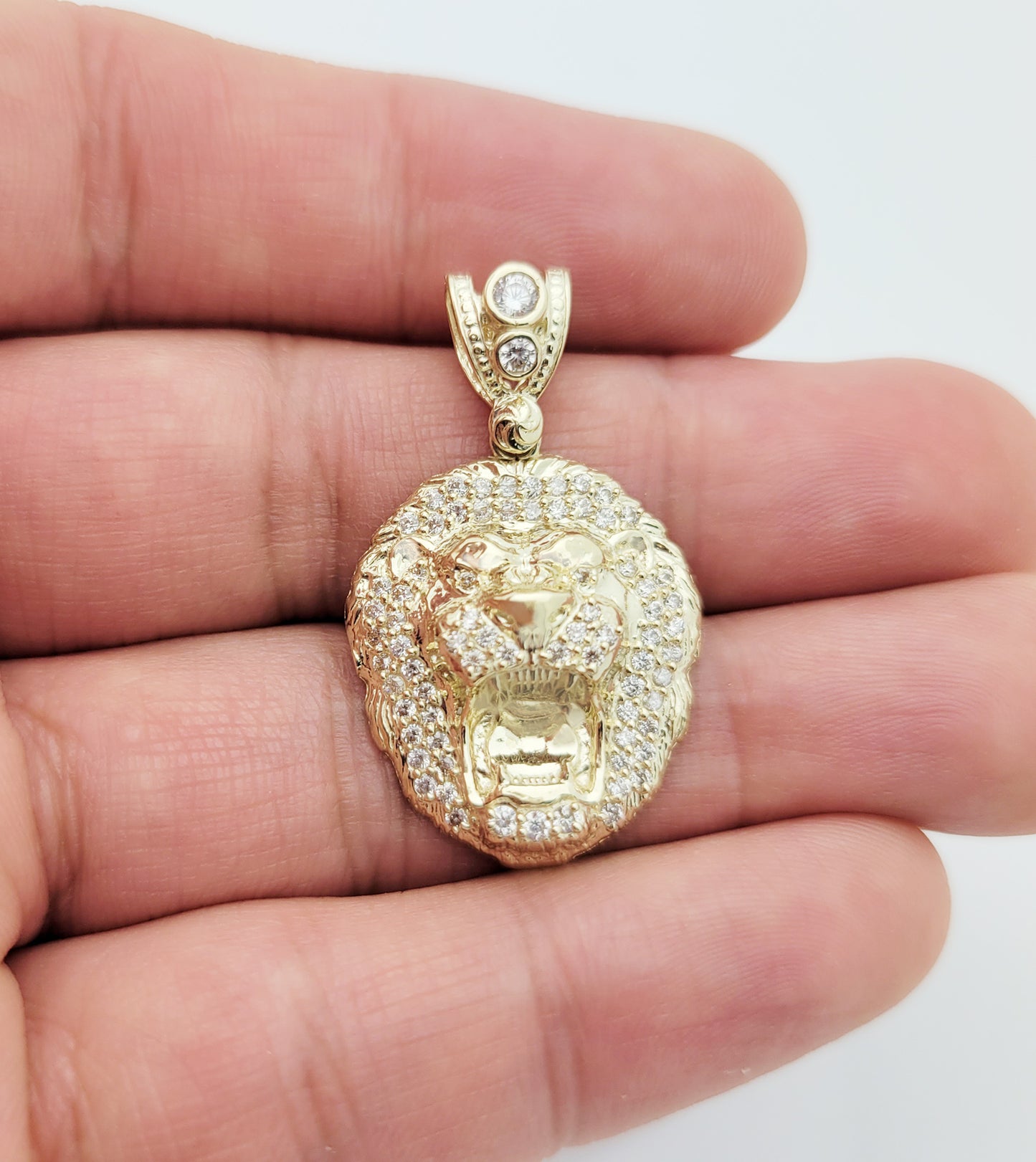 10K Yellow Gold Lion Face Charm Lion Head Pendant CZ