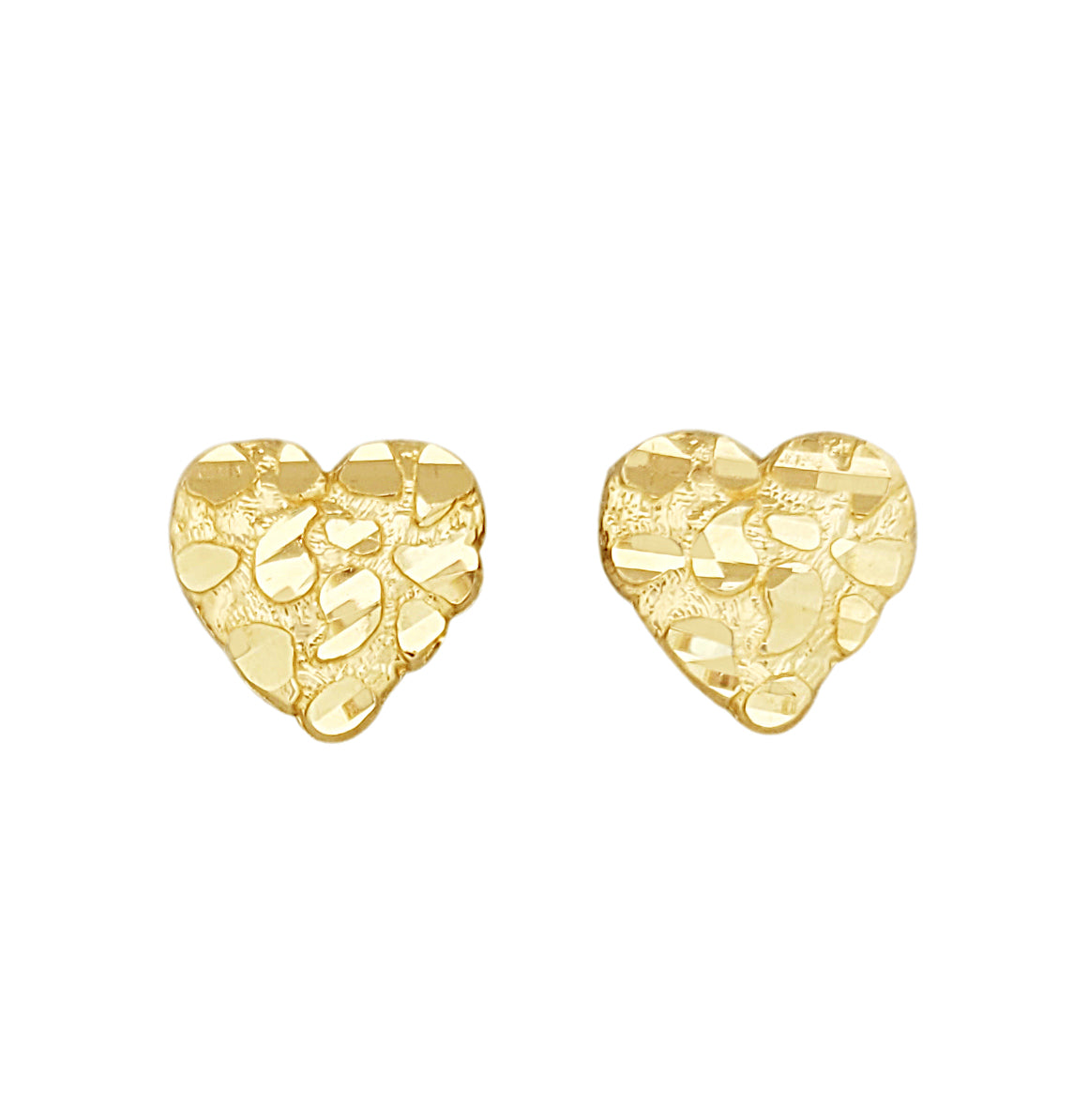 10K Yellow Gold Diamond Cut Nugget Heart Earrings 11 mm x 10 mm