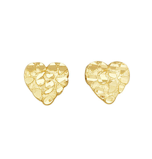 10K Yellow Gold Diamond Cut Nugget Heart Earrings 11 mm x 10 mm