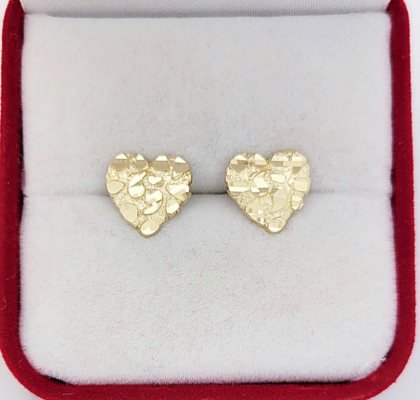 10K Yellow Gold Diamond Cut Nugget Heart Earrings 11 mm x 10 mm