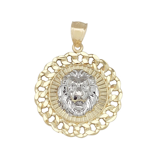 10K Yellow Gold Lion Pendant Round Medallion Cuban Link Frame